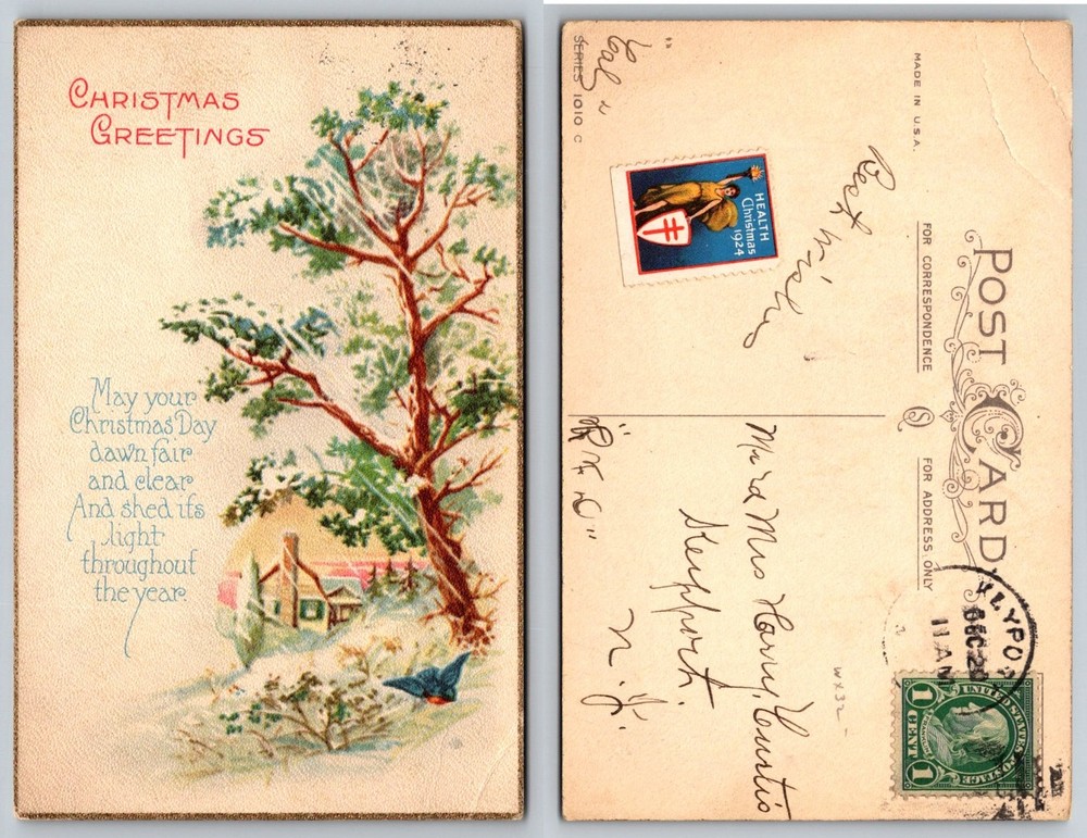 Vintage 1924 Christmas Greetings Postcard Winter Snow Scene Keyport NJ Postmark