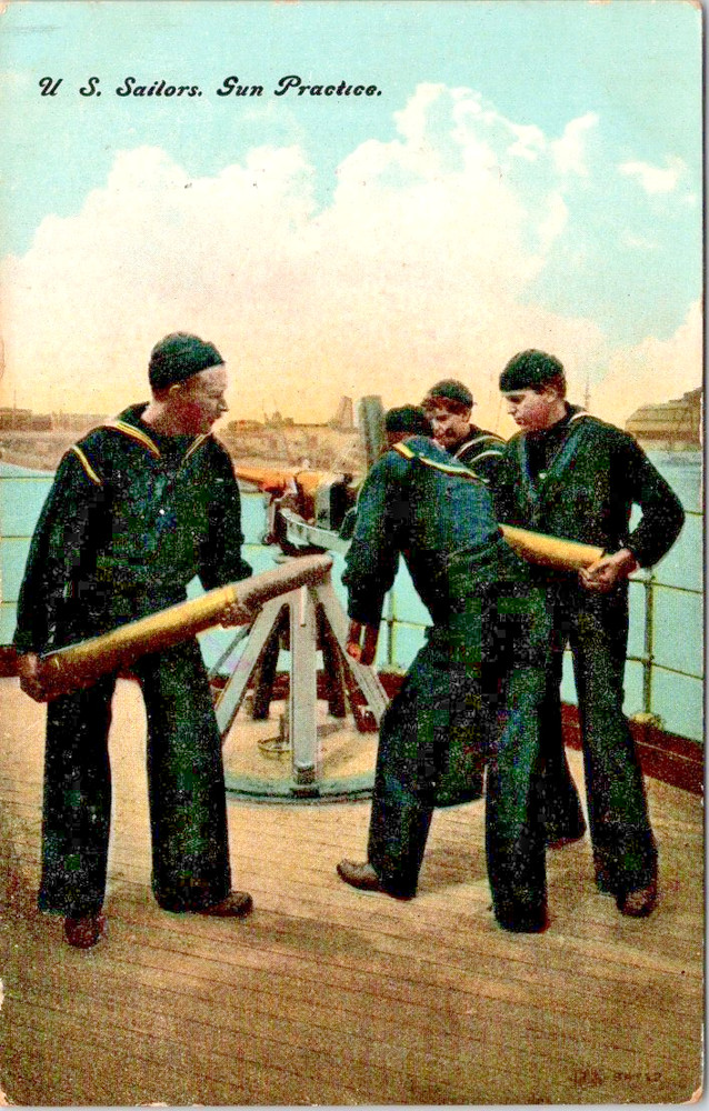 Vintage Postcard 1908 US Sailors Loading Gun Practice on Ship Redlands CA