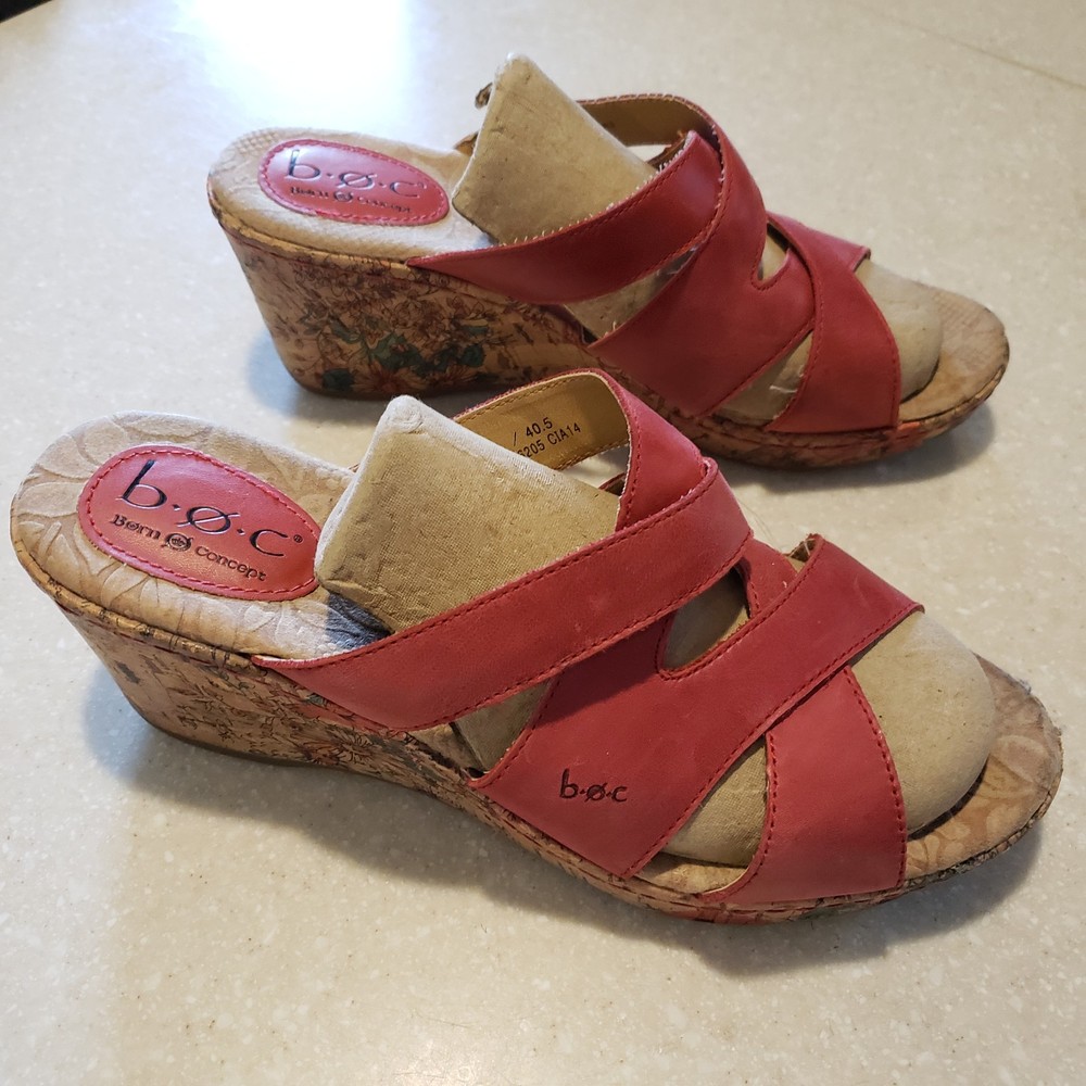 BOC Born Concept Wedge Sandals Sz 9M Red Leather Floral Cork Heels Slip On EUC