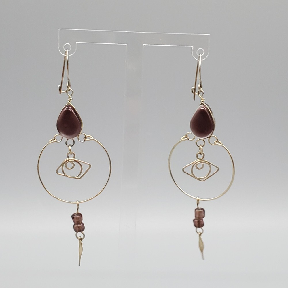 Silver Tone Abstract Dangle Earrings with Purple Brown Stone for Pierced Ears-image