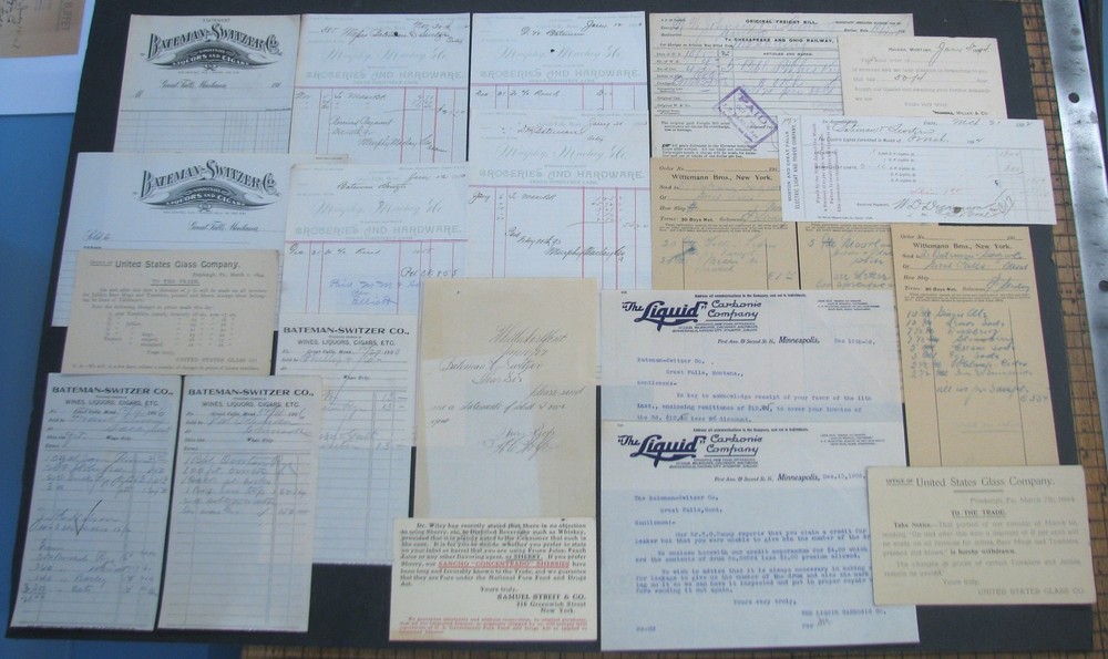 #98- 21 old 1892-1907 BATEMAN & SWITZER LIQUOR DEALERS paper items GREAT FALLS