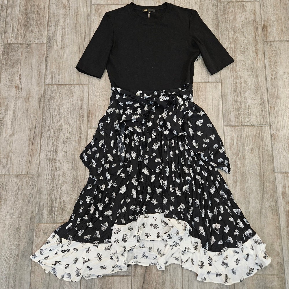 MAJE Paris Raprina Mixed Material Midi Dress Womens Size 42 US 10 Black Floral