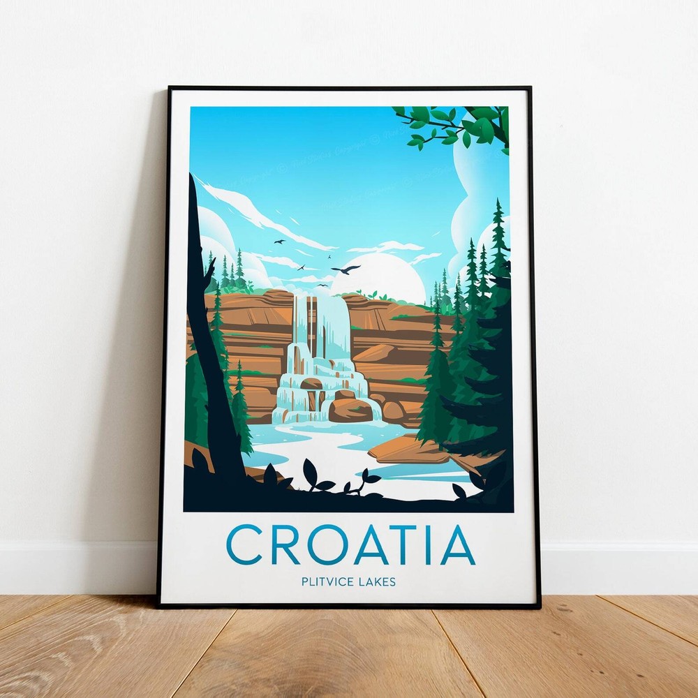 Croatia Travel Poster - Plitvice Lakes Dubrovnik Split Wall Art Print