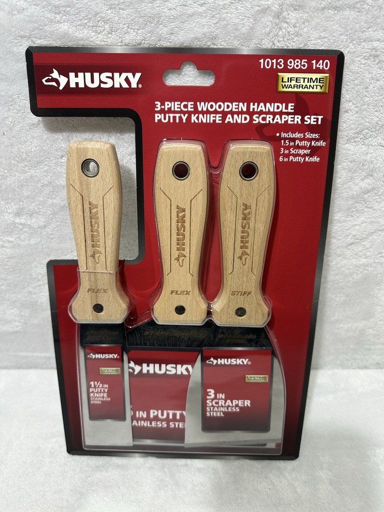 Husky 3pc Wooden Handle Stainless Steel Putty Knife & Scraper Set