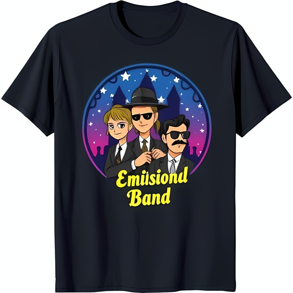 Stylish Black T-Shirt with Cartoon Band Graphic Colorful Sky & 'Emusiond Band