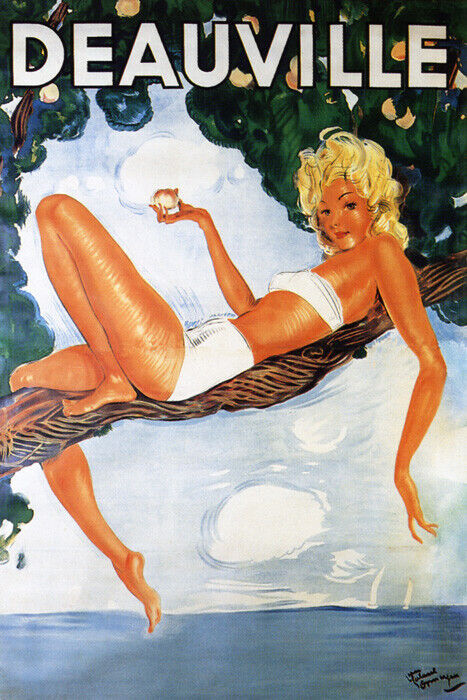 DEAUVILLE FASHION GIRL RESTING IN TREE BEACH TRAVEL FRENCH VINTAGE POSTER REPRO