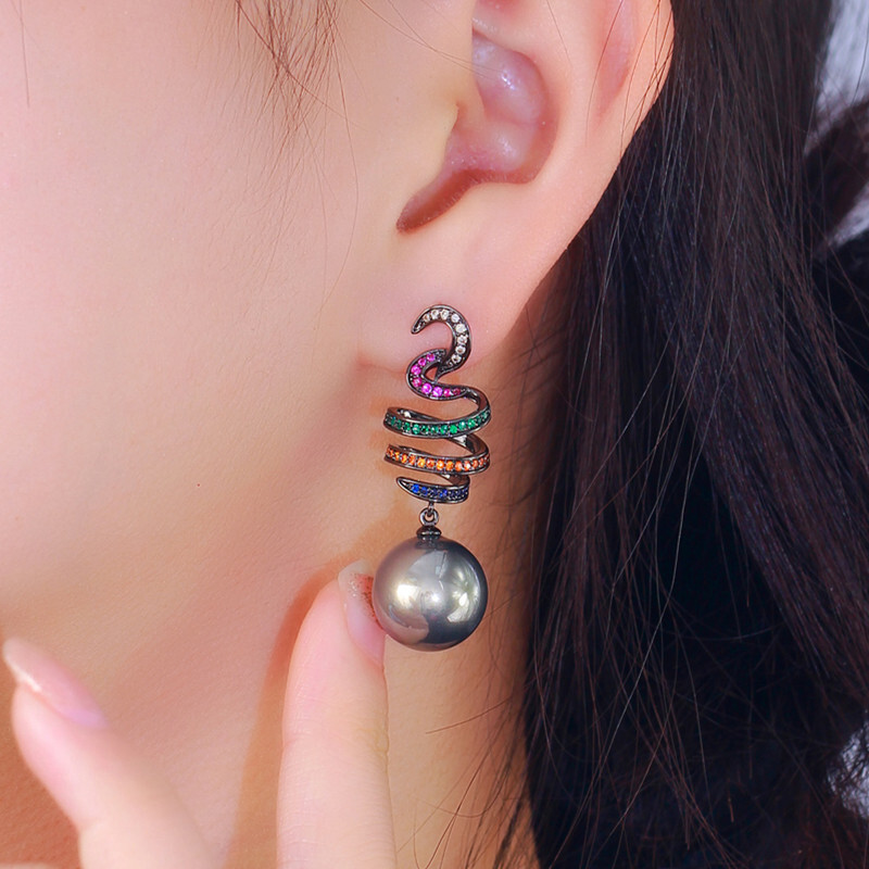 Women Trendy Black Gold Plated Long Curly Zircon Gray Pearl Dangle Drop Earrings