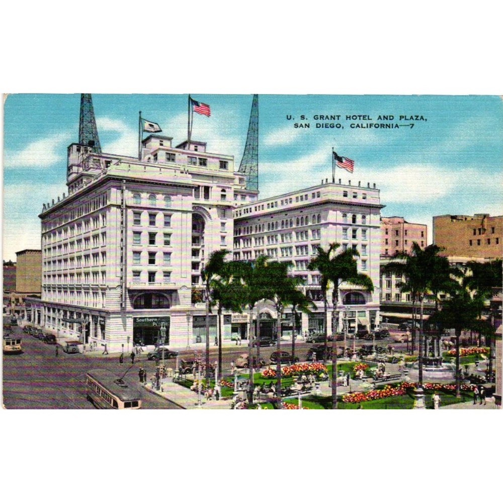 Vintage US Grant Hotel and Plaza San Diego California Linen Postcard Unposted