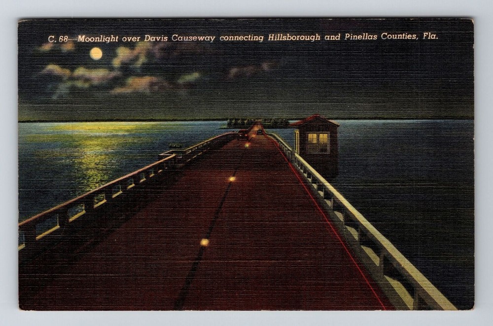 Tampa FL-Florida, Moonlight Over Davis Causeway, Tampa Bay, Vintage Postcard