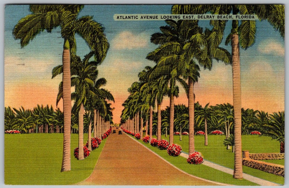 Vtg Linen Postcard Atlantic Avenue Palm Trees Delray Beach, FL 1940s