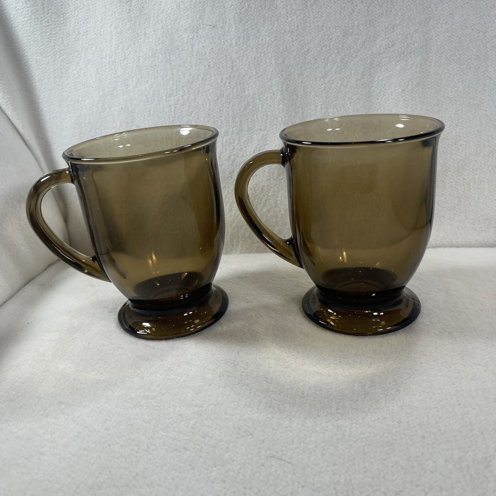 Vtg Anchor Hocking Cafe Mug Smoke Brown Glass/ Footed Base 16 Oz Set 2