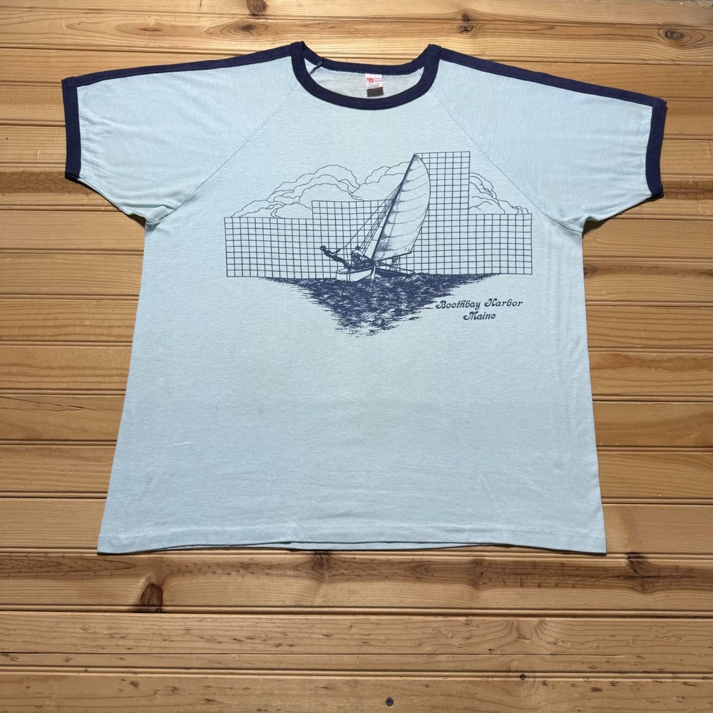 Vintage 80s Boothbay Harbor Maine Sailing Souvenir Ringer Graphic T-Shirt USA XL