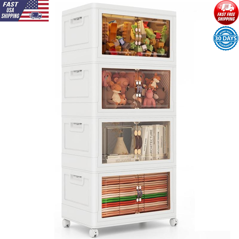 4-Tier Stackable Storage Bins with Lids & Wheels for Toys Clothes Crafts