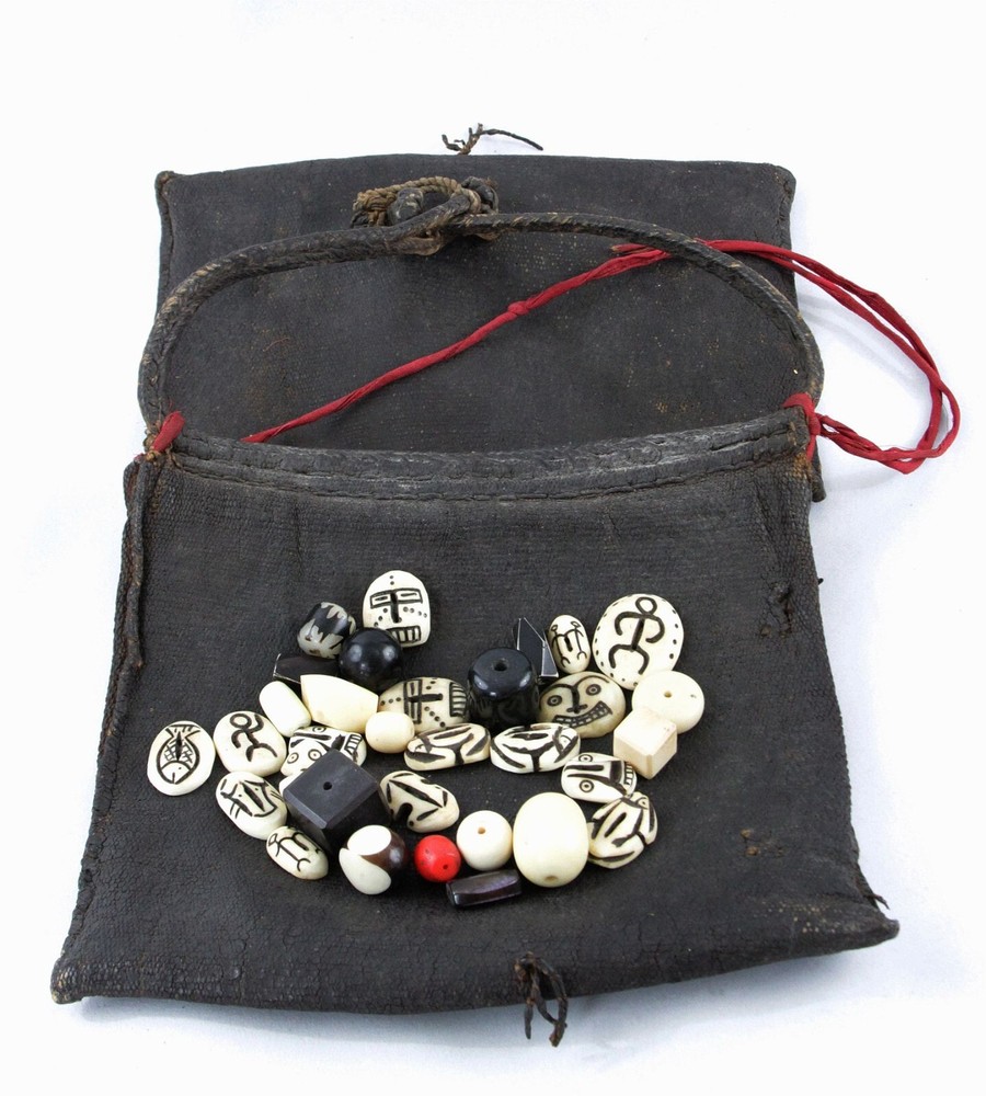 rare, old, 19th C African Diviners Bag, plus beads and buttons, Nigeria / Congo
