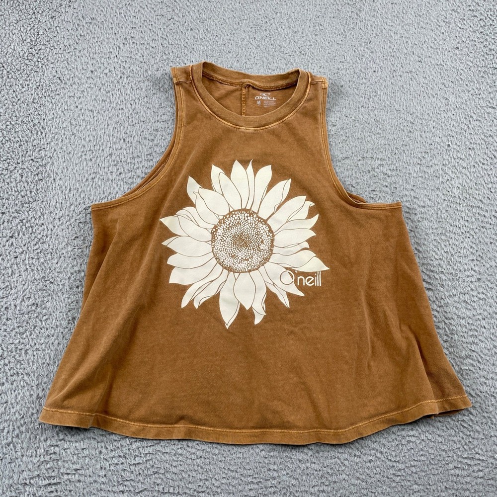 O'Neill Tank Top Womens Medium Brown Sunflower Graphic Swing High Neck Cotton