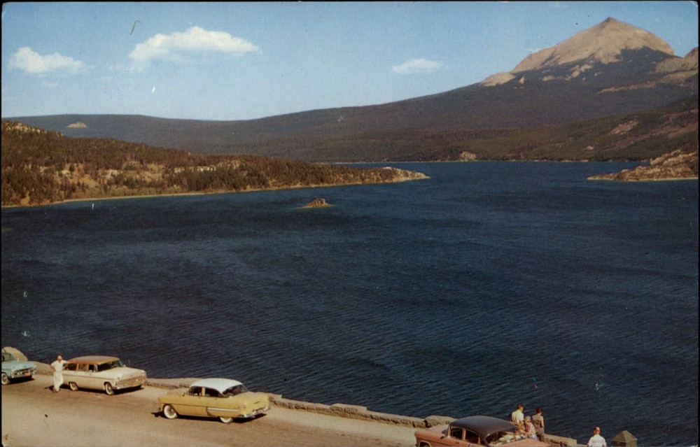 Glacier National Park Montana St Mary Lake aerial view vintage cars ~ 1950-60s