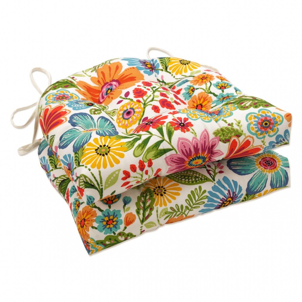 Pillow Perfect Bright Floral Indoor/Outdoor Chairpad with Ties Reversible, Tu...