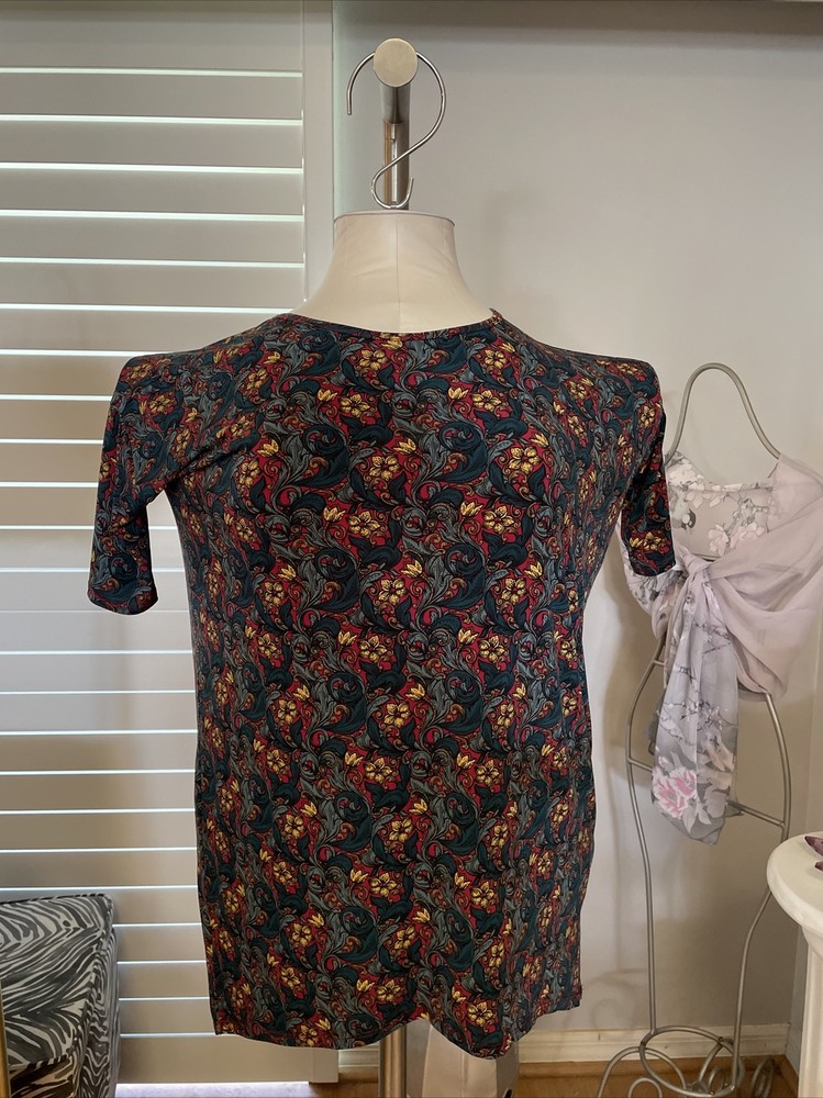 Woman's LuLaRoe Burgundy Teal Golden Floral Pattern Short Sleeve IRMA Top M