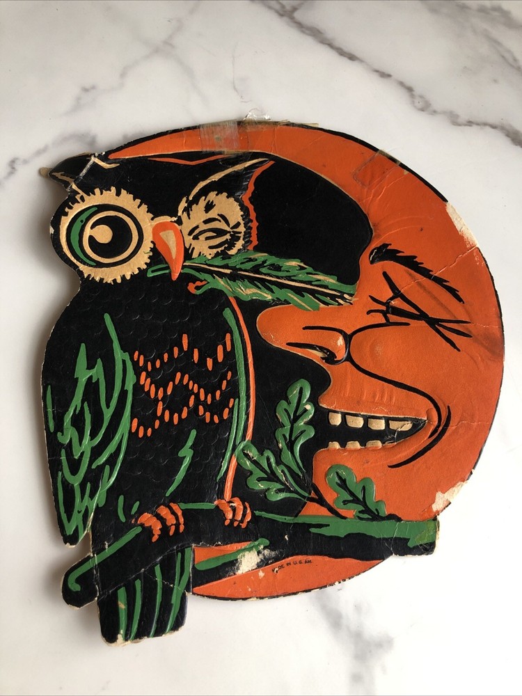 Vintage Halloween die cut owl & moon 1940’s Beistle