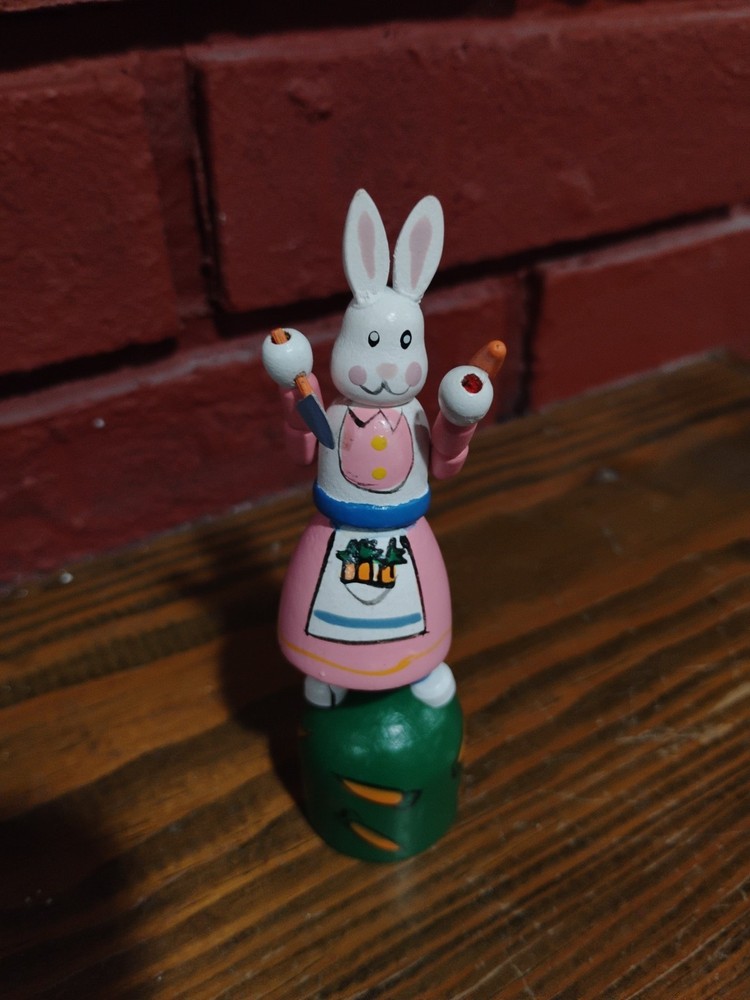 Vintage Wood Push Thumb Puppet Toy Bunny Rabbit Easter Decor Figure