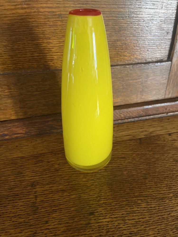 Vintage Hand Blown Yellow with Red Rim Art Glass Bud Vase Decor 6