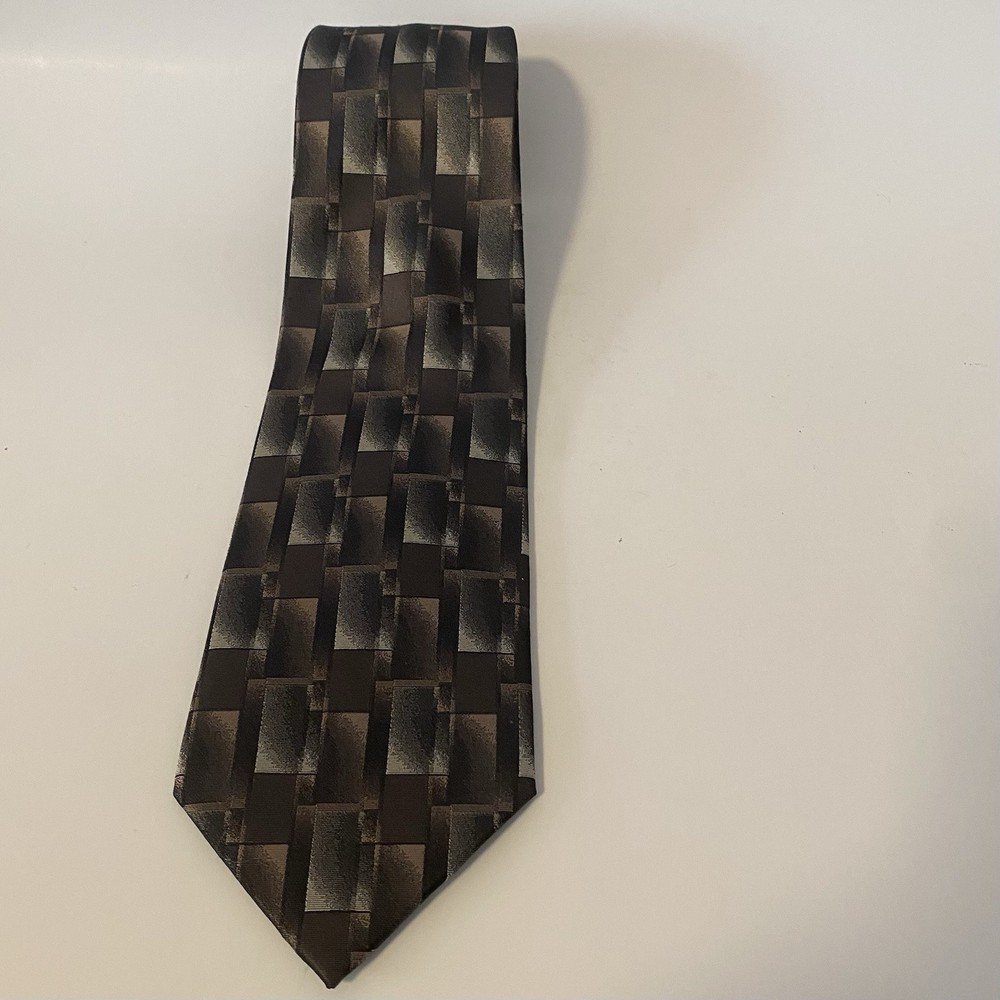 Pierre Cardin Men's Tie Brown Black Gray Geometric Pattern 100% Silk Woven