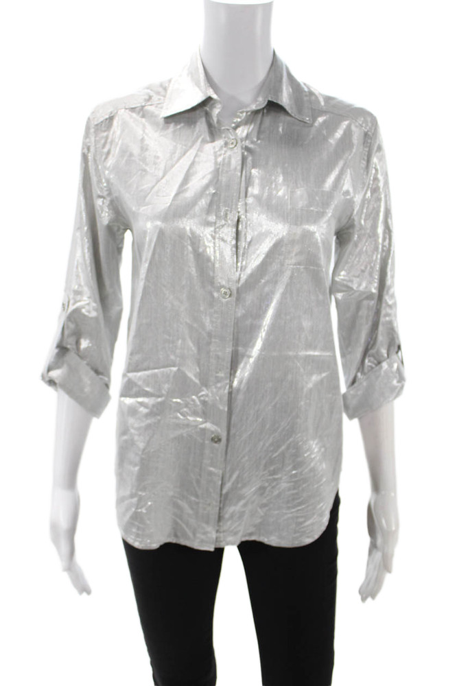 Alice + Olivia Women Gray Collared Button Up Blouse Viscose Tencel Size XSFree Shipping in US $100+ Orders | $6.95 Orders Below