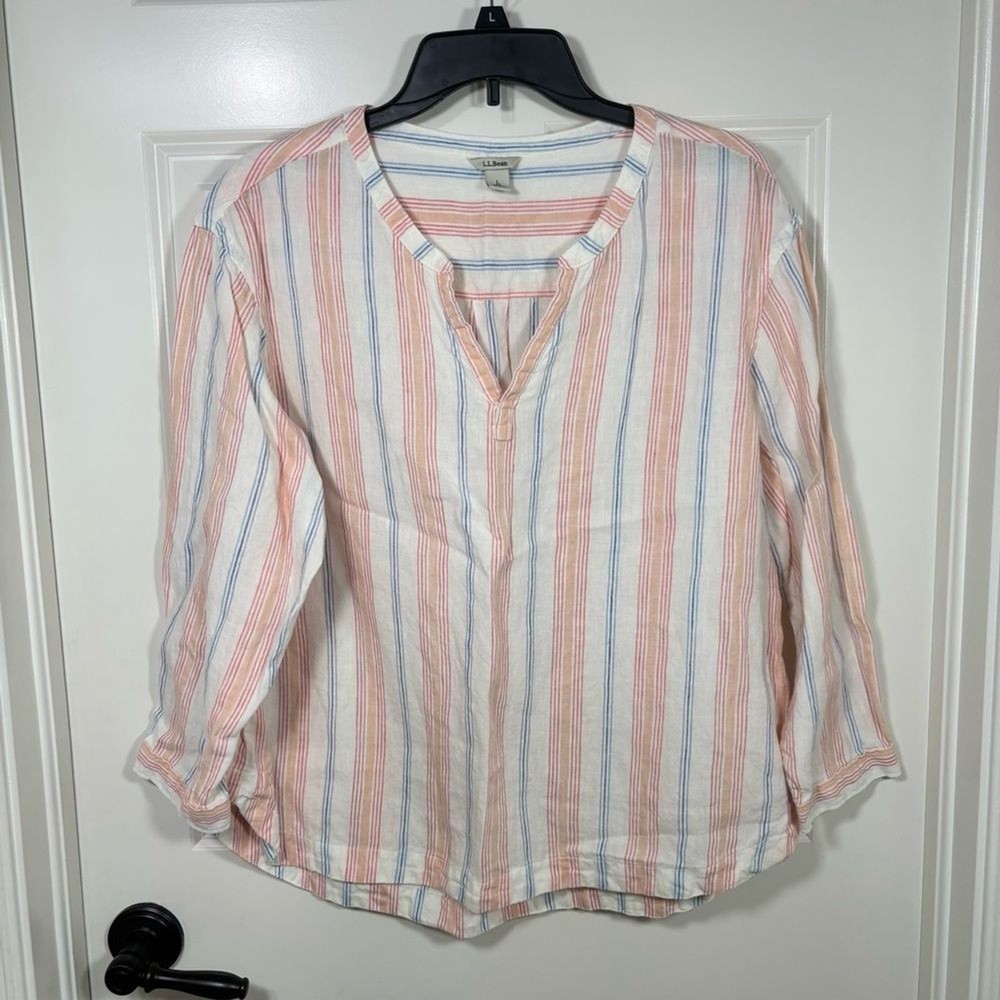 LL Bean 100% Linen Split Neck Pastel Striped Long Sleeve Top Women’s L