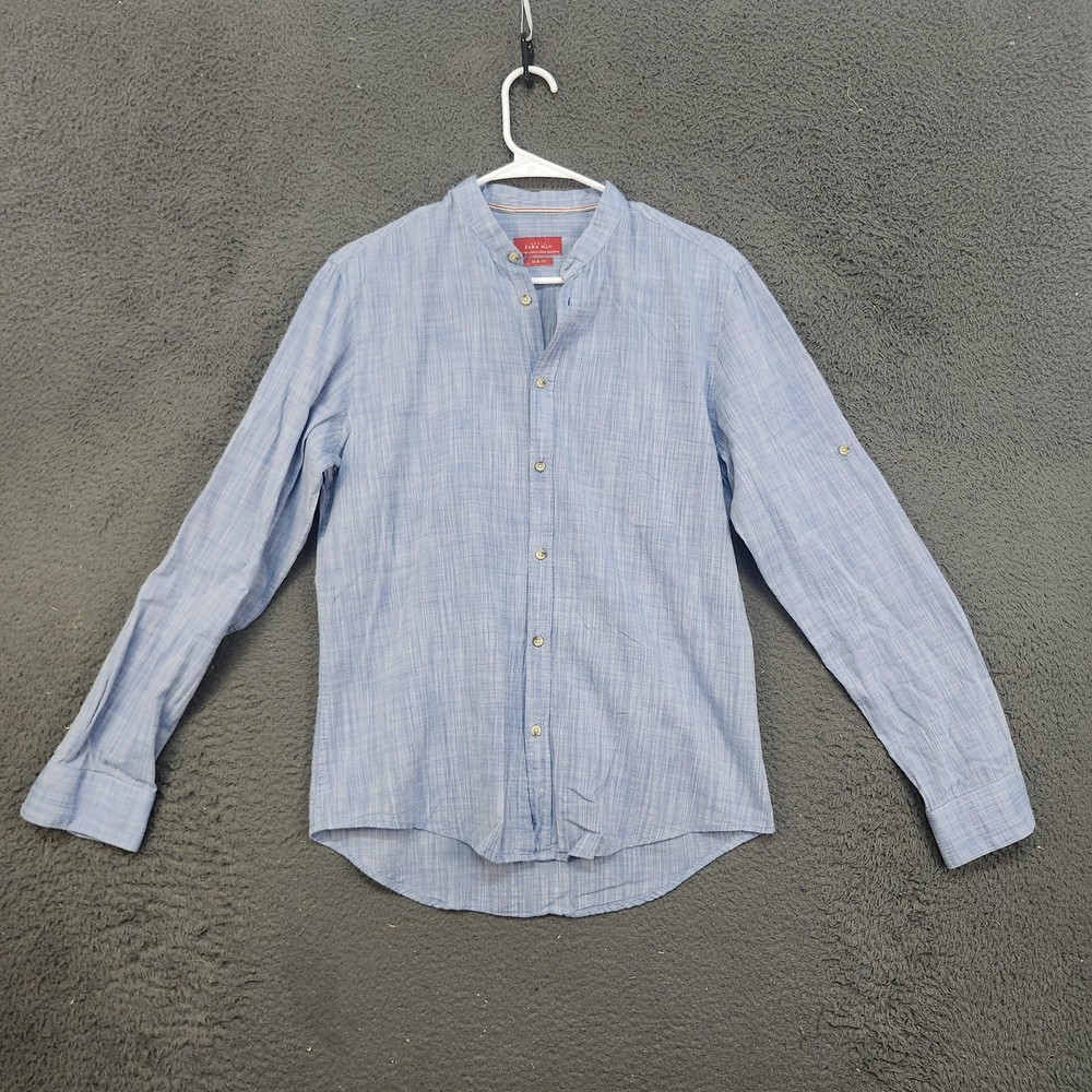 Zara Man Shirt Mens Medium Light Blue Slim Fit Band Collar Long Sleeve Casual
