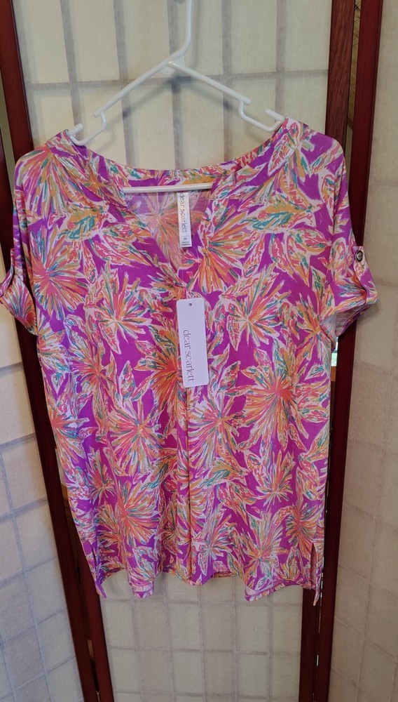 dear scarlett Women's Purple Multicolor Floral V-Neck Short Sleeve Blouse 2X