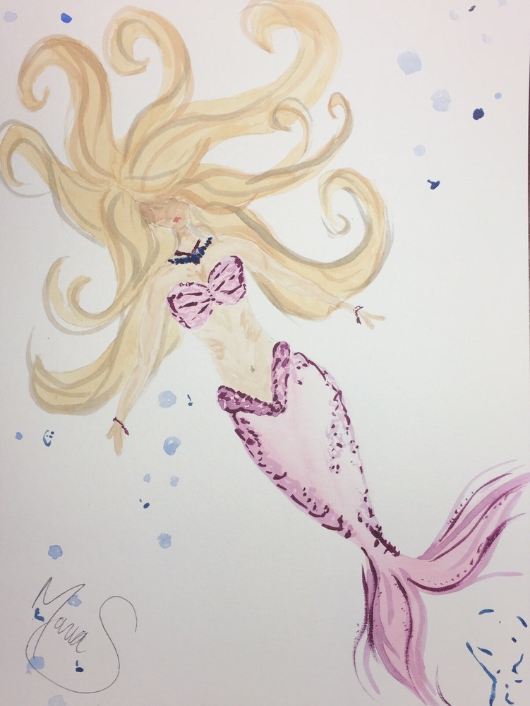 Maria Scalf Watercolor 9x12 ORIGINAL PAINTING Mermaid Pink Sea Ocean Home Decor