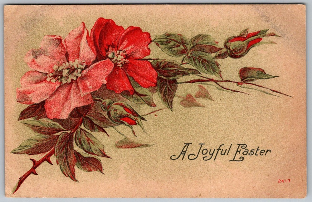 Antique Postcard Joyful Easter Roses 1910s