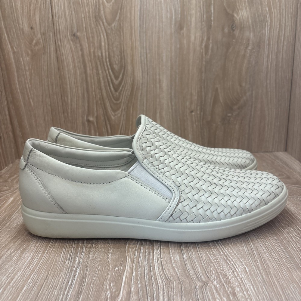 ECCO Soft 7 Leather Woven Slip On Sneakers Shoes WHITE Size 10 Extra Width