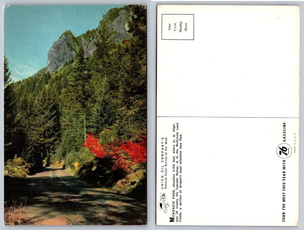 McKenzie Pass Oregon Scenic Linen Postcard Union 76 Gasoline Ad Vintage
