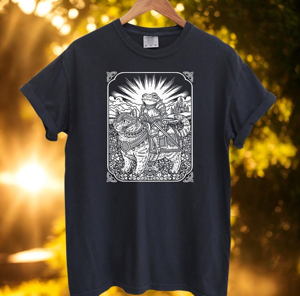 Medieval Frog Riding Cat Knight Vintage Style Graphic T-Shirt Funny Fantasy