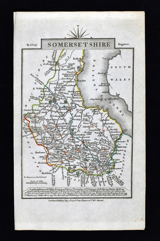 1814 John Cary Road Map Somerset Bristol Taunton Glastonbury Wells Bath England