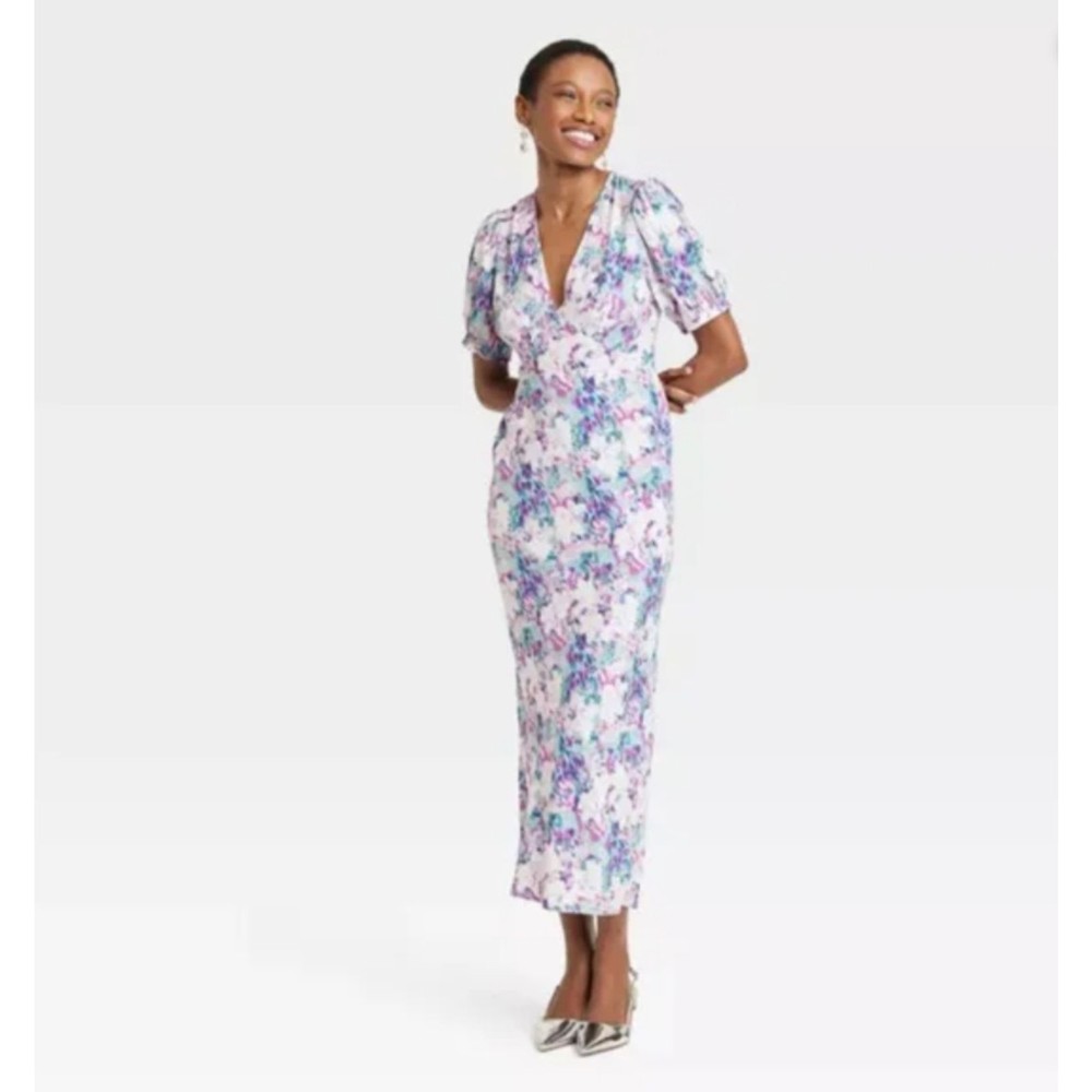 Women's Floral Crepe Puff Short Sleeve Midi Dress - A New Day  - XS