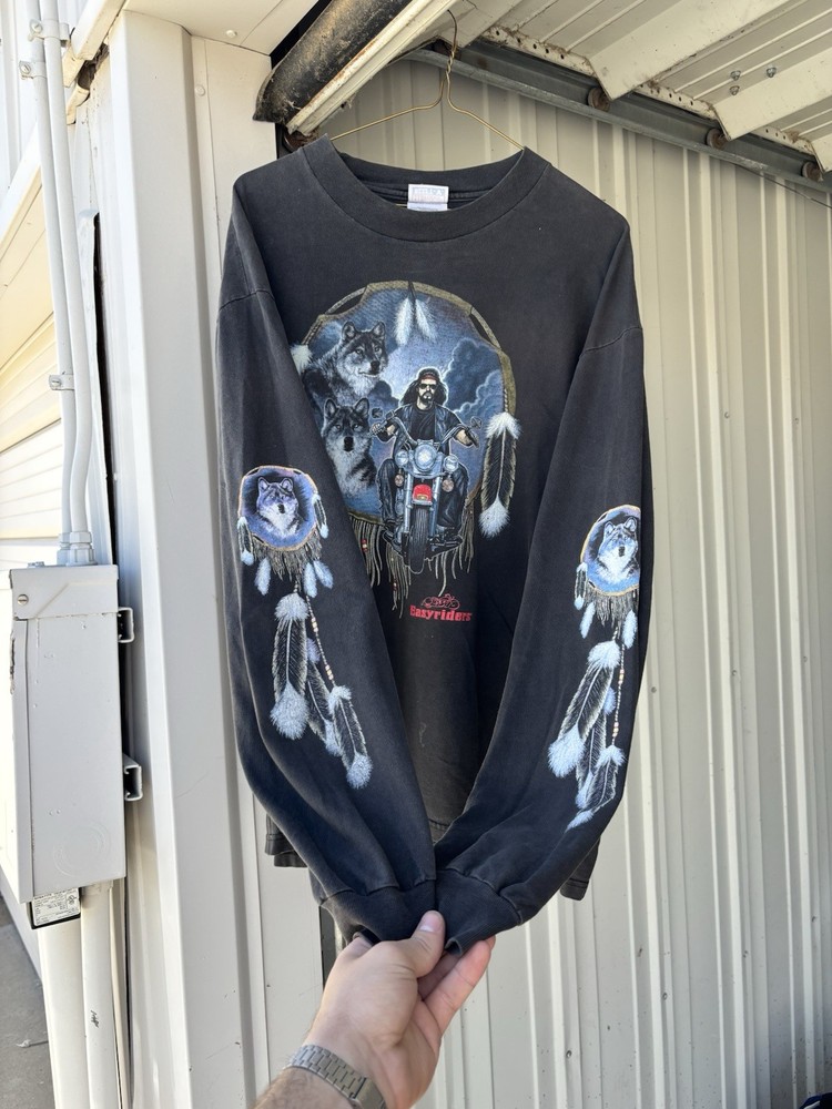 Easyriders Vintage Motorcycle T-Shirt 90s Size XL Long Sleeve Faded Black Biker