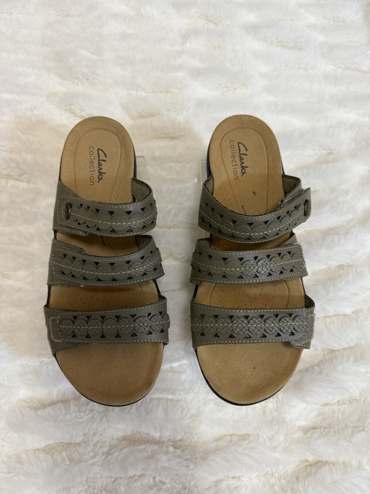 Clarks Womens Grayish Green Leather Slide Sandals Size 8