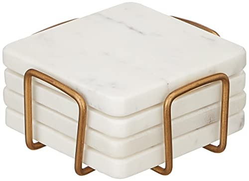 White Marble Coaster Set with Holder – 4 Inch Square Modern Drink Coasters for Home & Office