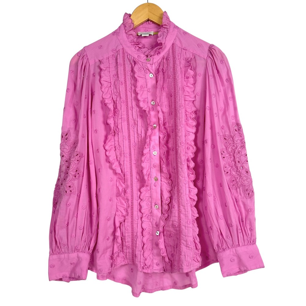 Sundance Pink Cotton Ruffle Embroidered Blouse Size M Boho Victorian Cottagecore