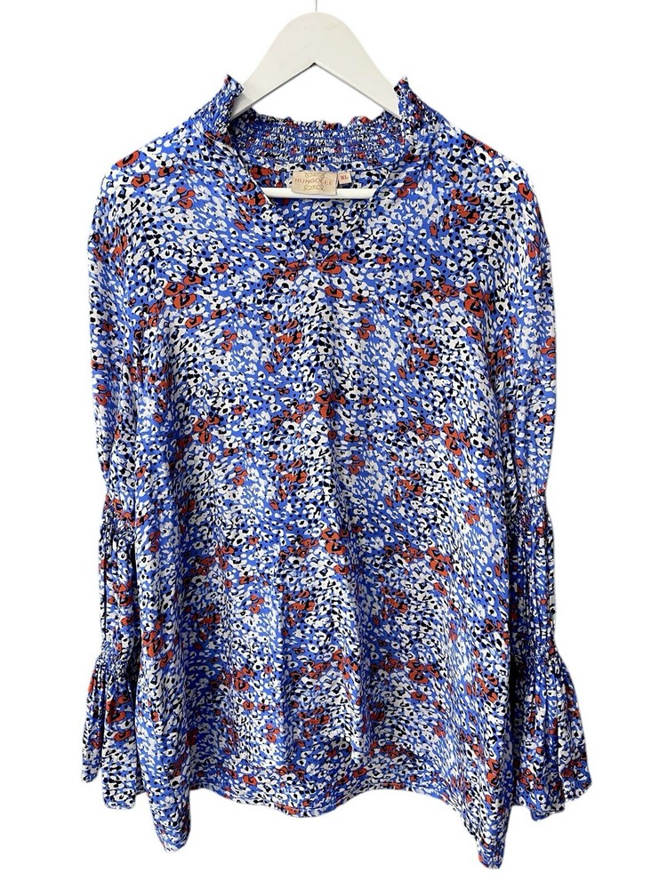 Rungolee Blue Red Smocked Flare Sleeve Silk Flowy Blouse Women's size XL
