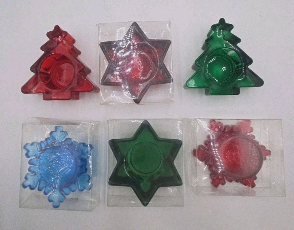Lot 6 Glass Christmas Votive Candle Holders Tree Star Snowflake Red Green...