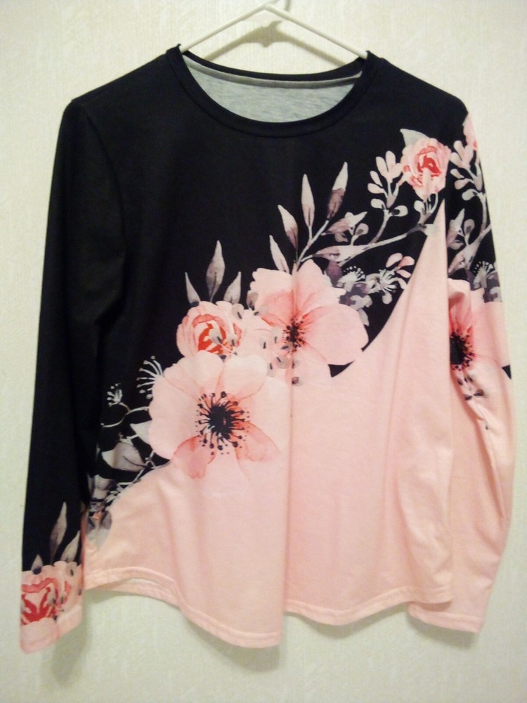 Women's Pink Black Floral Pullover Blouse Long Sleeves Size M