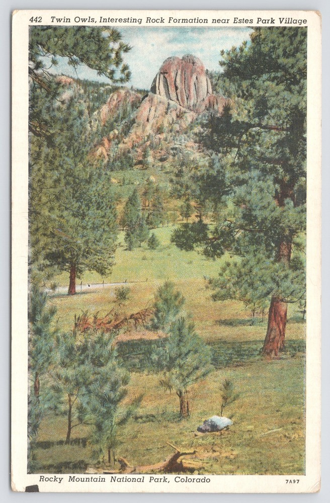Rocky Mountain Natl Park CO~Twin Owls Rock Formation nr Estes Park~Vtg Linen PC