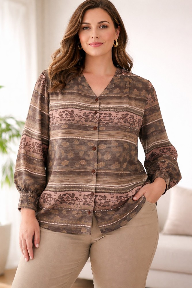 Alia Womens Size 16 Blouse Brown Pink Floral Stripe Button Front Shoulder Pads