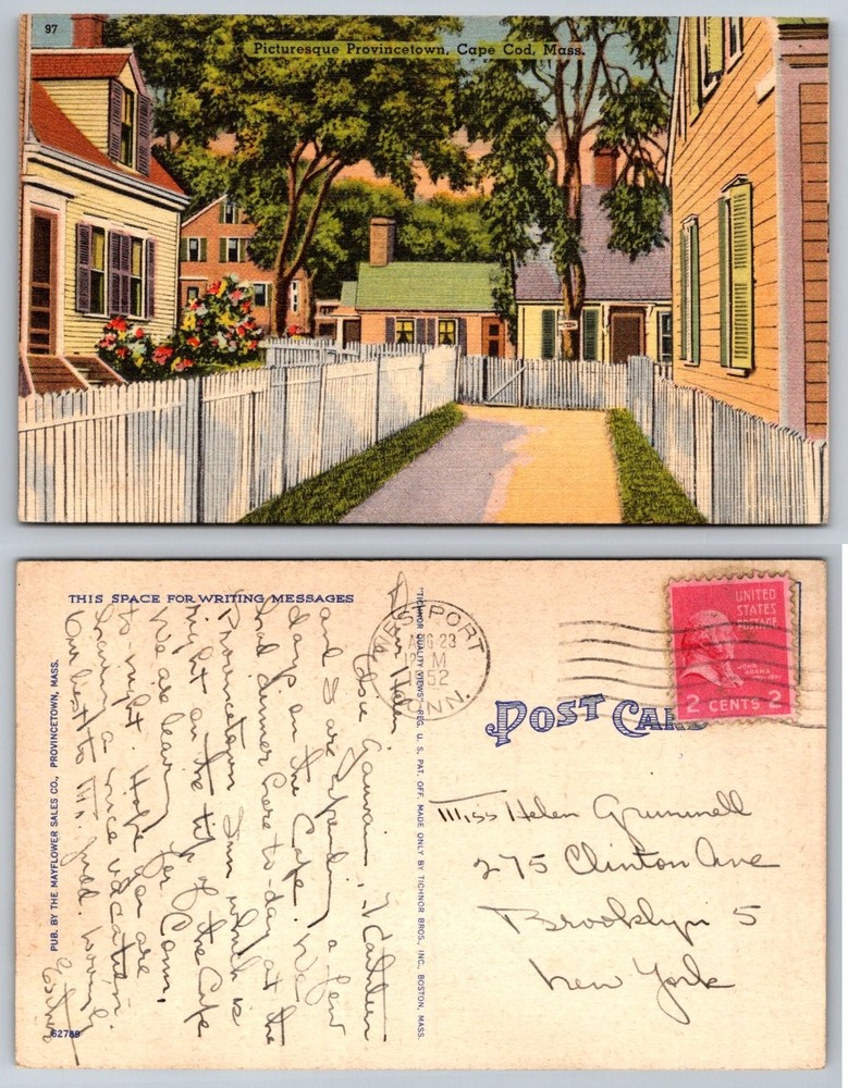 1952 Provincetown Cape Cod MA Linen Postcard Picket Fence Street Scene Vintage