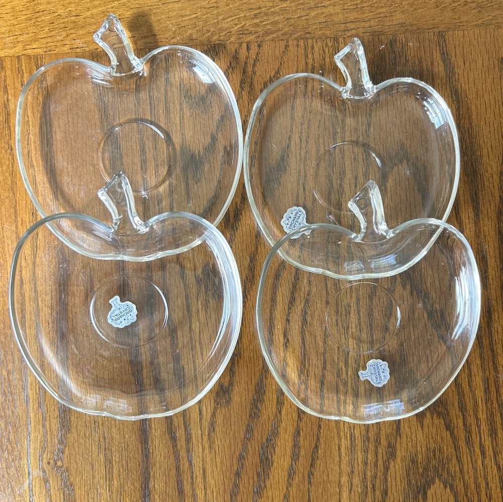Hazel Atlas Orchard Apple Clear Pressed Glass Plates Set of 4 Vintage