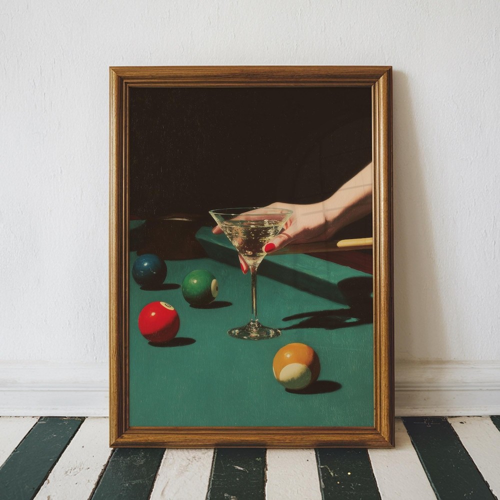 Vintage Dive Bar Poster, Retro Billiards Martini Art Print, Lucky 8 Ball Decor