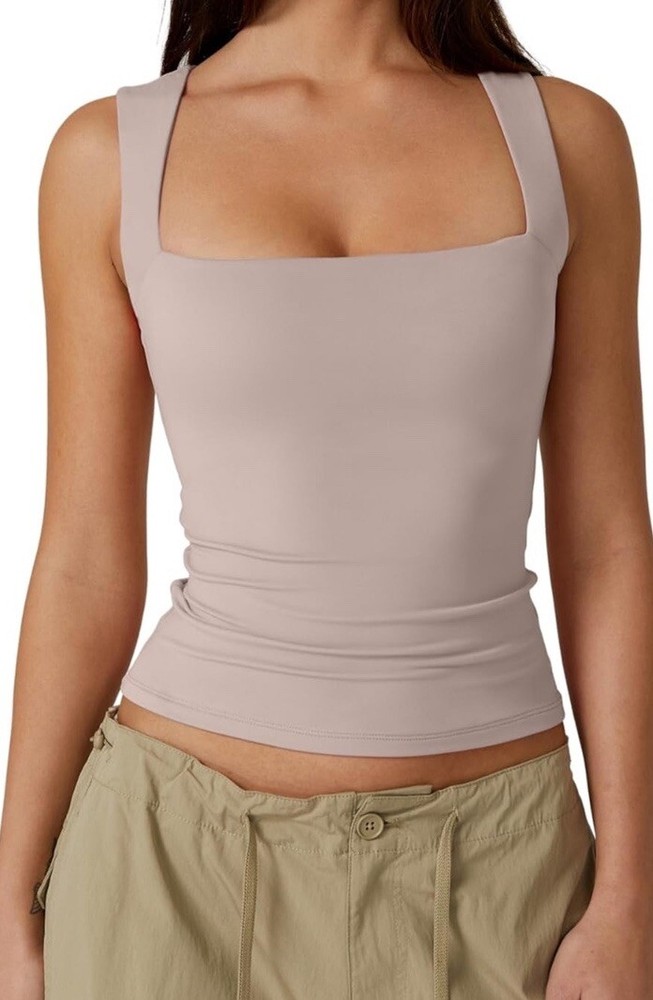 QINSEN Women's Square Neck Sleeveless Double-Layer Tank Tops Basic Tight Sz L